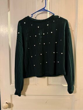 Dark Green Ribbed Sweater with Pearl Embellishments